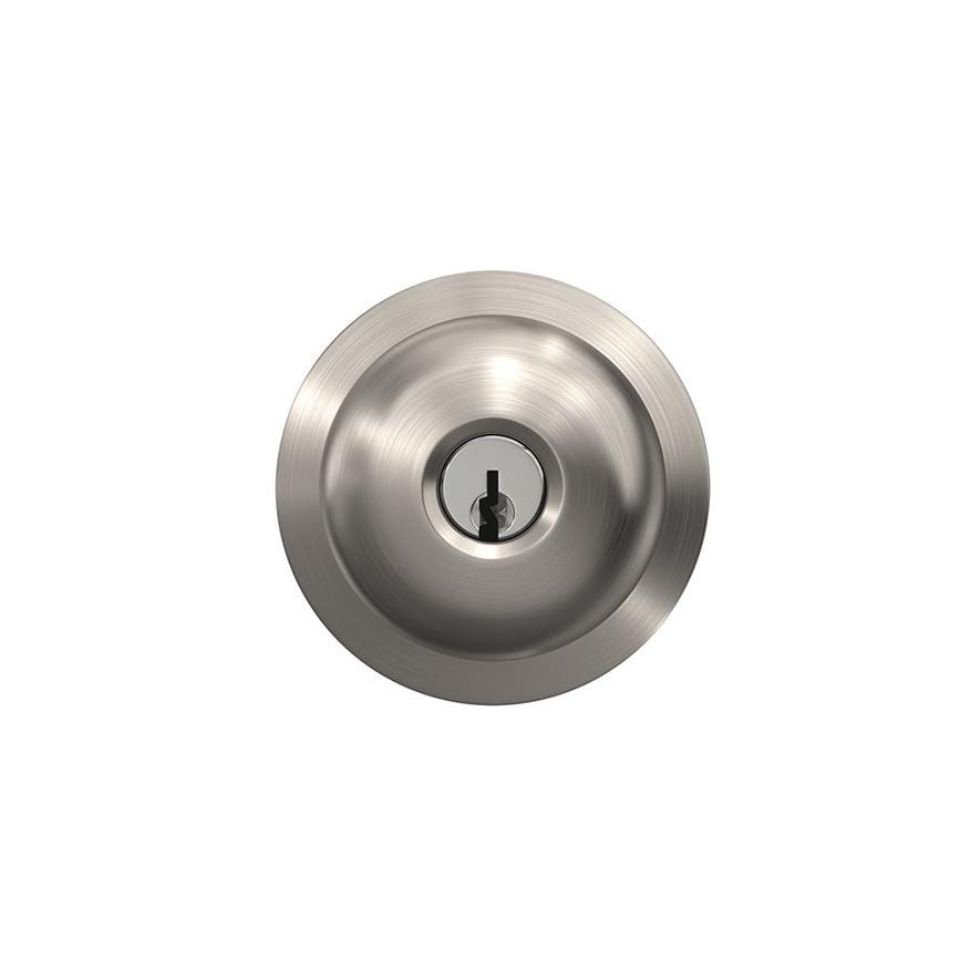 Satin nickel residential door knob with keyed entry lock in Plymouth style, sold individually for secure access.