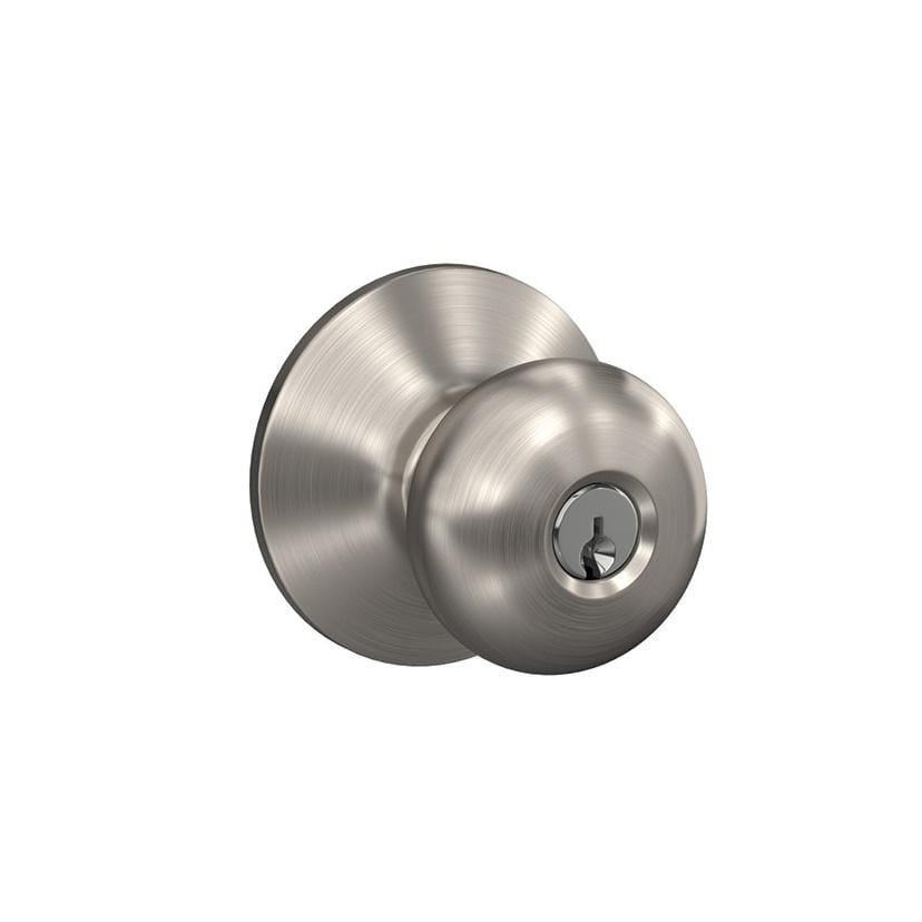 Satin nickel Schlage residential door knob with keyed entry lock in Plymouth style, sold individually for secure access.