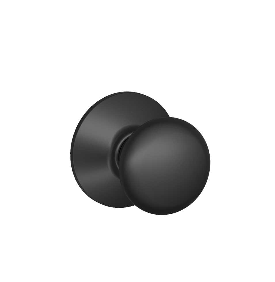Matte black Schlage Plymouth style non-locking passage door knob for residential use, sold individually.