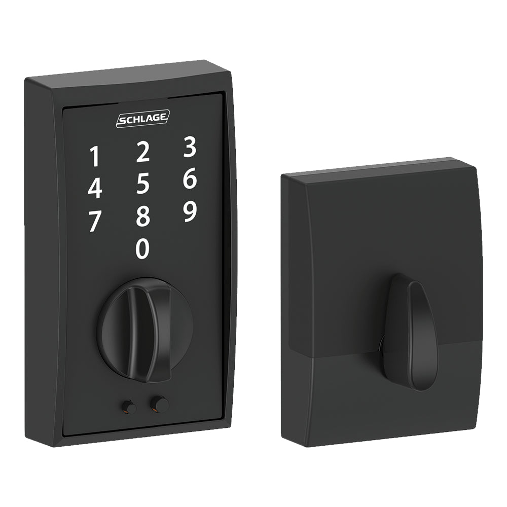Schlage electronic keyless touchscreen deadbolt lockset in matte black finish with numeric keypad and turn knob.