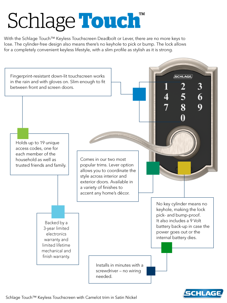 Schlage keyless touchscreen deadbolt lockset in matte black, featuring a slim design and fingerprint-resistant surface.