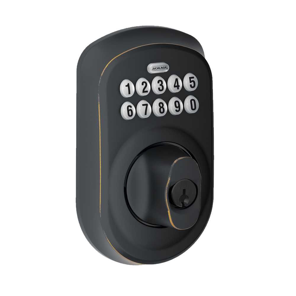 Schlage electronic keypad deadbolt lockset in aged bronze finish with Plymouth style design, sold individually.