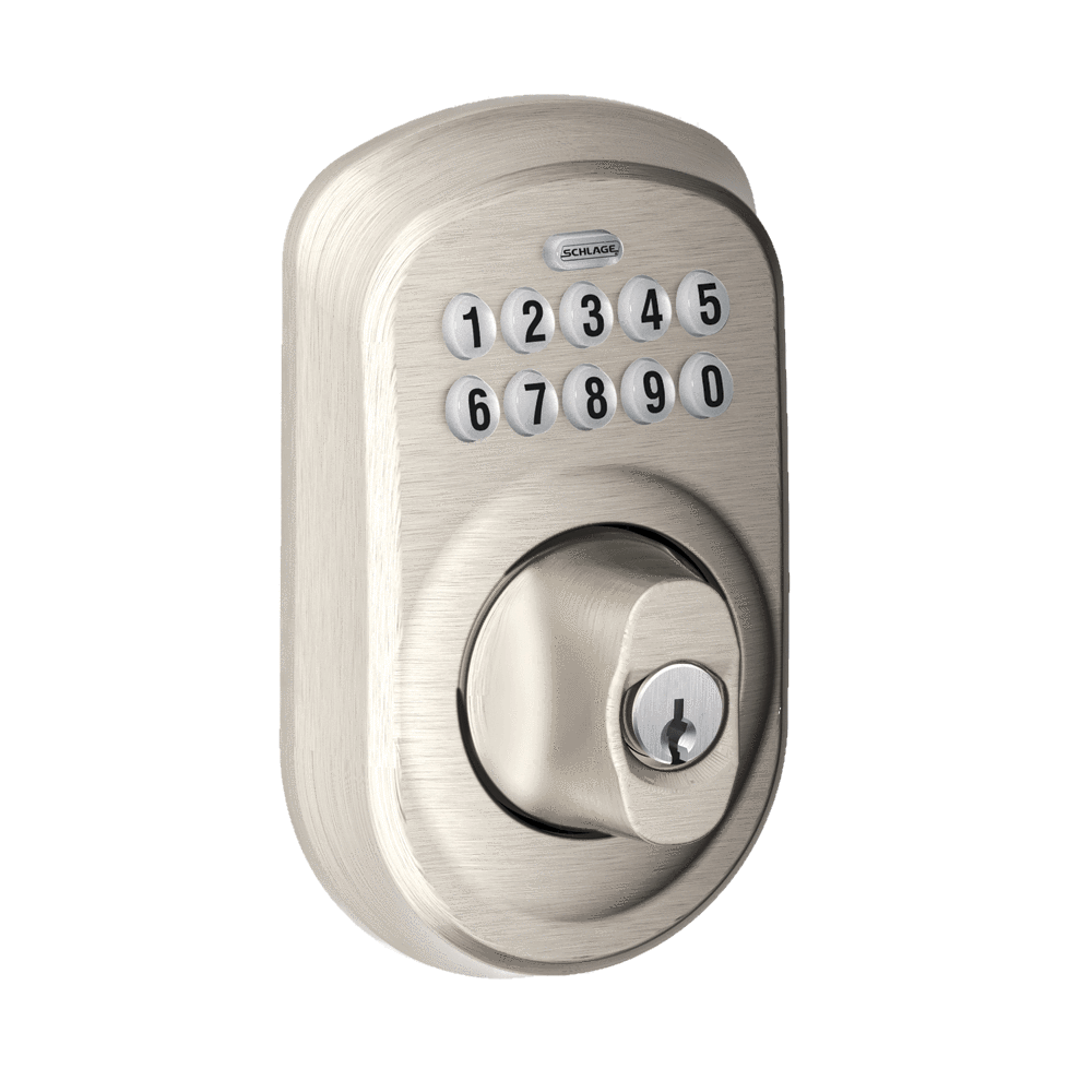 Satin nickel electronic keypad deadbolt lockset in Plymouth style with numeric keypad and key access.