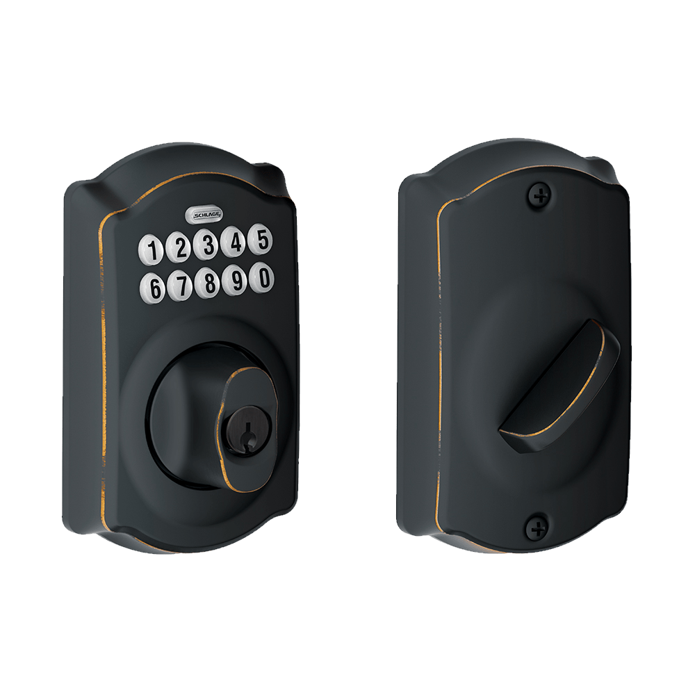 Schlage Camelot electronic keypad deadbolt lockset in aged bronze finish, featuring a numeric keypad and keyhole.