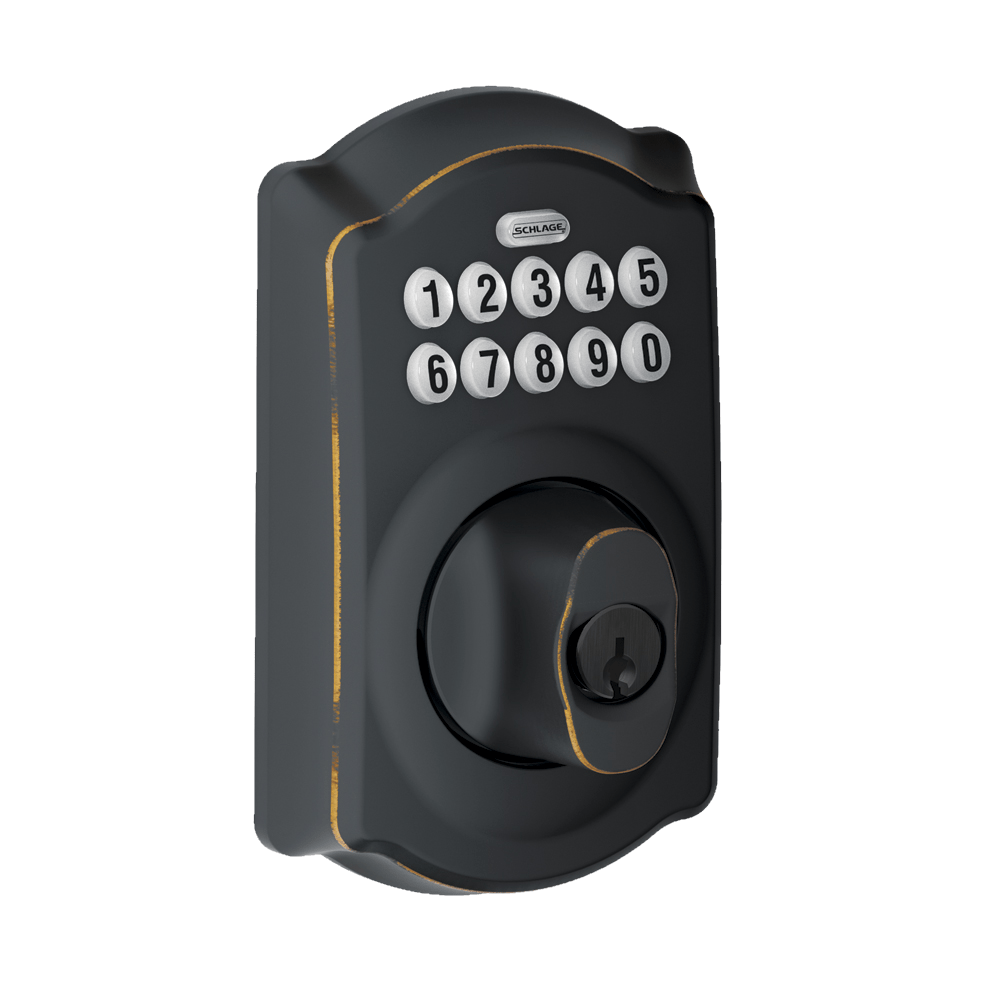 Schlage Residential Electronic Keypad Deadbolt Lockset - Camelot Style - Aged Bronze Finish - Sold Individually