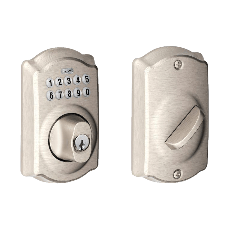 Satin nickel Schlage Camelot electronic keypad deadbolt lockset with a numeric keypad and key cylinder.
