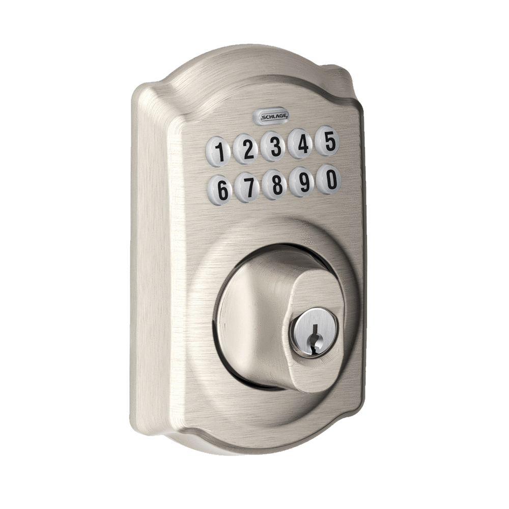 Satin nickel electronic keypad deadbolt lockset in Camelot style with numeric keypad and key entry option.