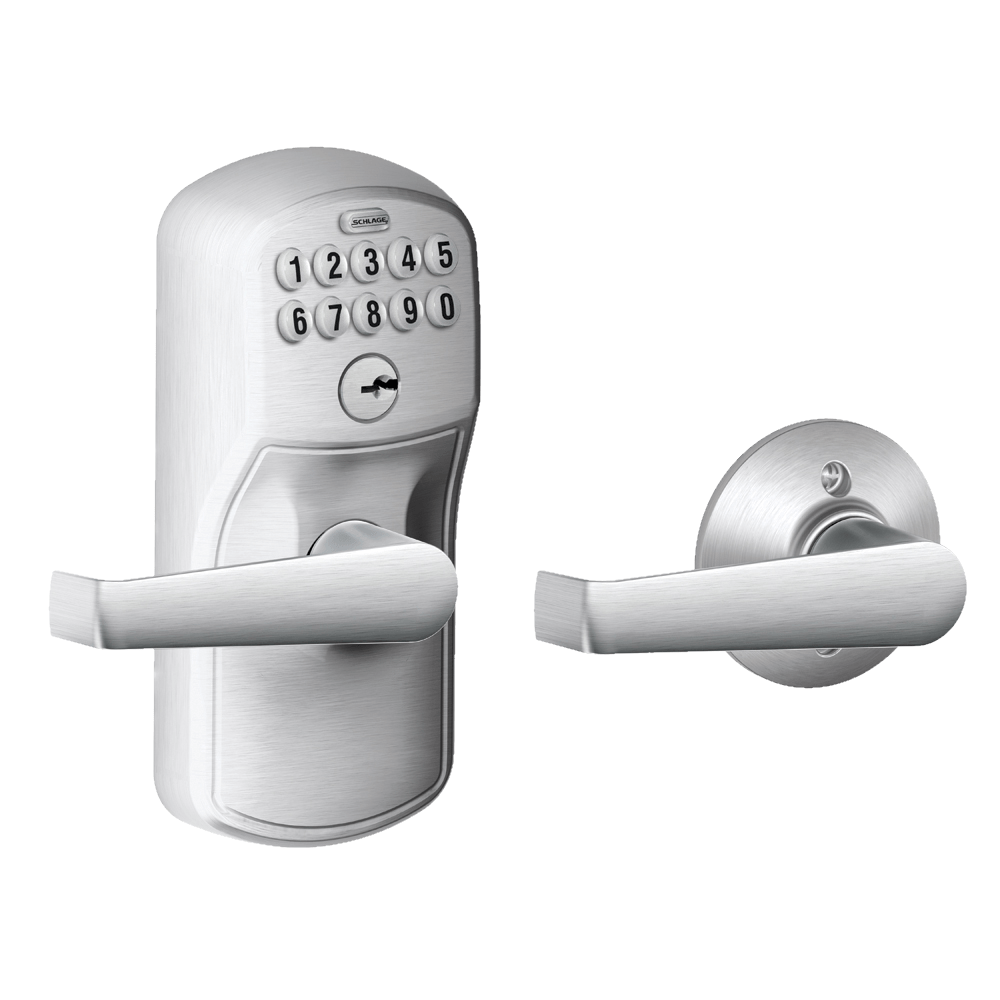 Schlage electronic keypad lockset with auto lock feature, Elan lever and Plymouth trim in satin chrome finish.