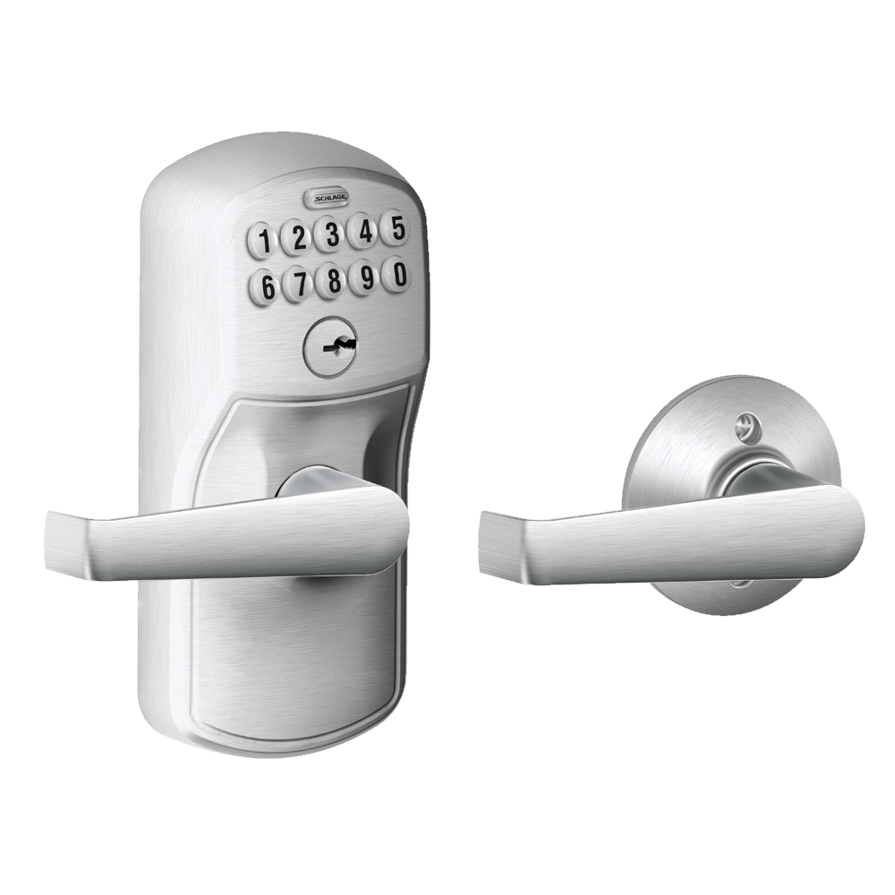 Schlage Residential Electronic Keypad Lockset With Auto Lock - Elan Lever With Plymouth Trim - Satin Chrome Finish - Sold Individually