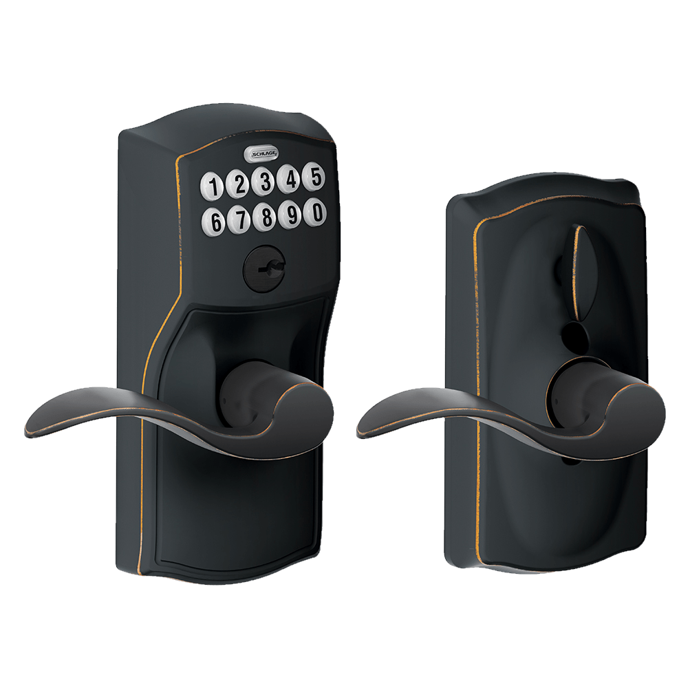 Schlage electronic keypad lockset with accent lever and Camelot trim in aged bronze finish, sold individually.