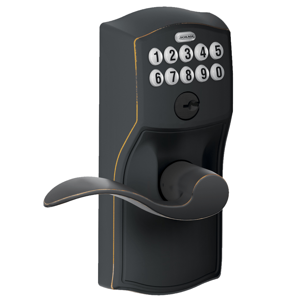 Schlage electronic keypad lockset with accent lever and Camelot trim in aged bronze finish for residential use.