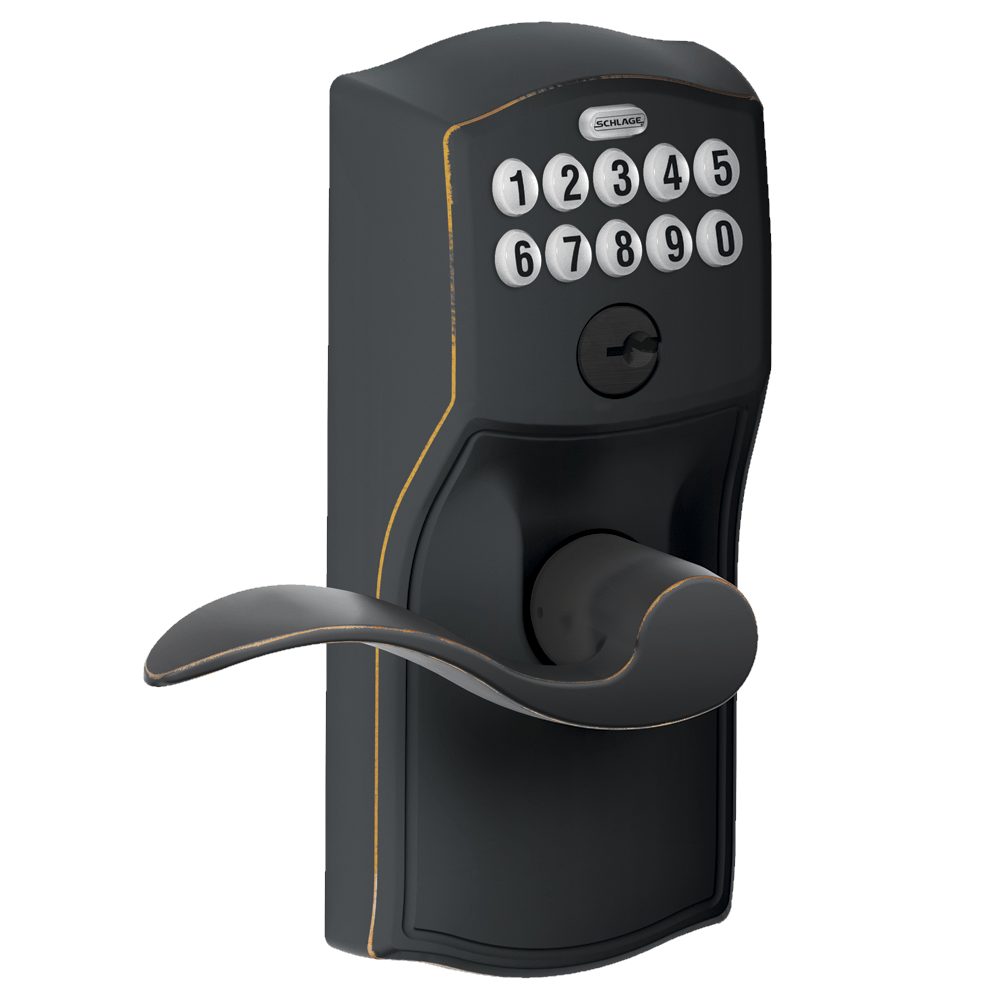 Schlage Residential Electronic Keypad Lockset With Flex Lock - Accent Lever With Camelot Trim - Aged Bronze Finish - Sold Individually