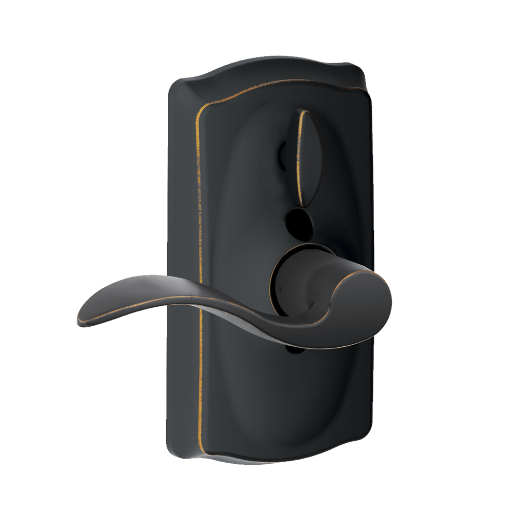 Schlage electronic keypad lockset with Accent lever, Camelot trim, aged bronze finish for residential use.