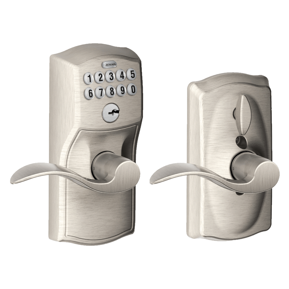 Satin nickel electronic keypad lockset with accent lever and Camelot trim for residential use. Sold individually.