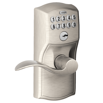 Schlage Residential Electronic Keypad Lockset With Flex Lock - Accent Lever With Camelot Trim - Satin Nickel Finish - Sold Individually