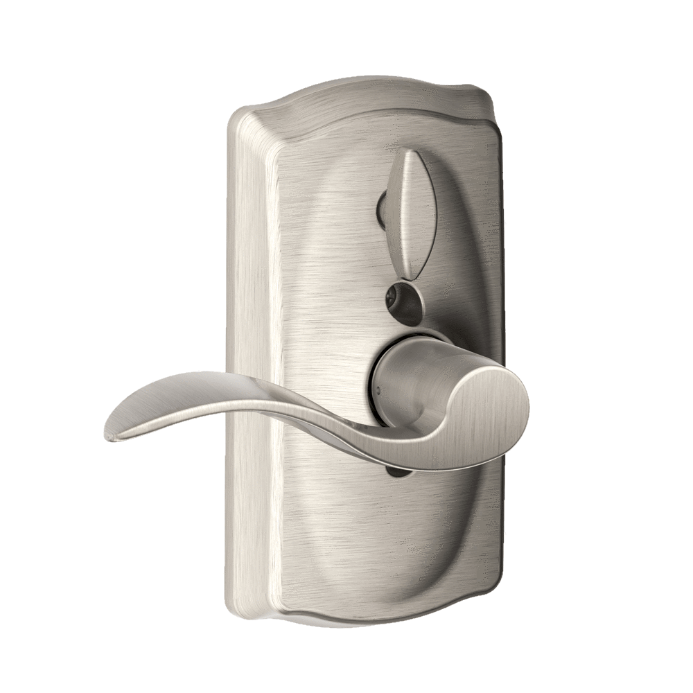 Satin nickel electronic keypad lockset with accent lever and Camelot trim for residential use. Sold individually.