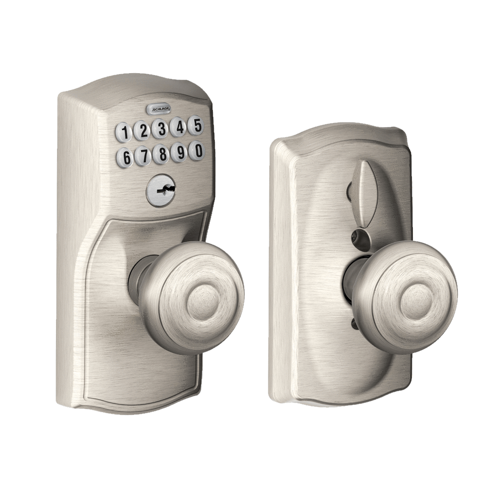 Satin nickel electronic keypad lockset with Georgian knob and Camelot trim for residential use. Sold individually.