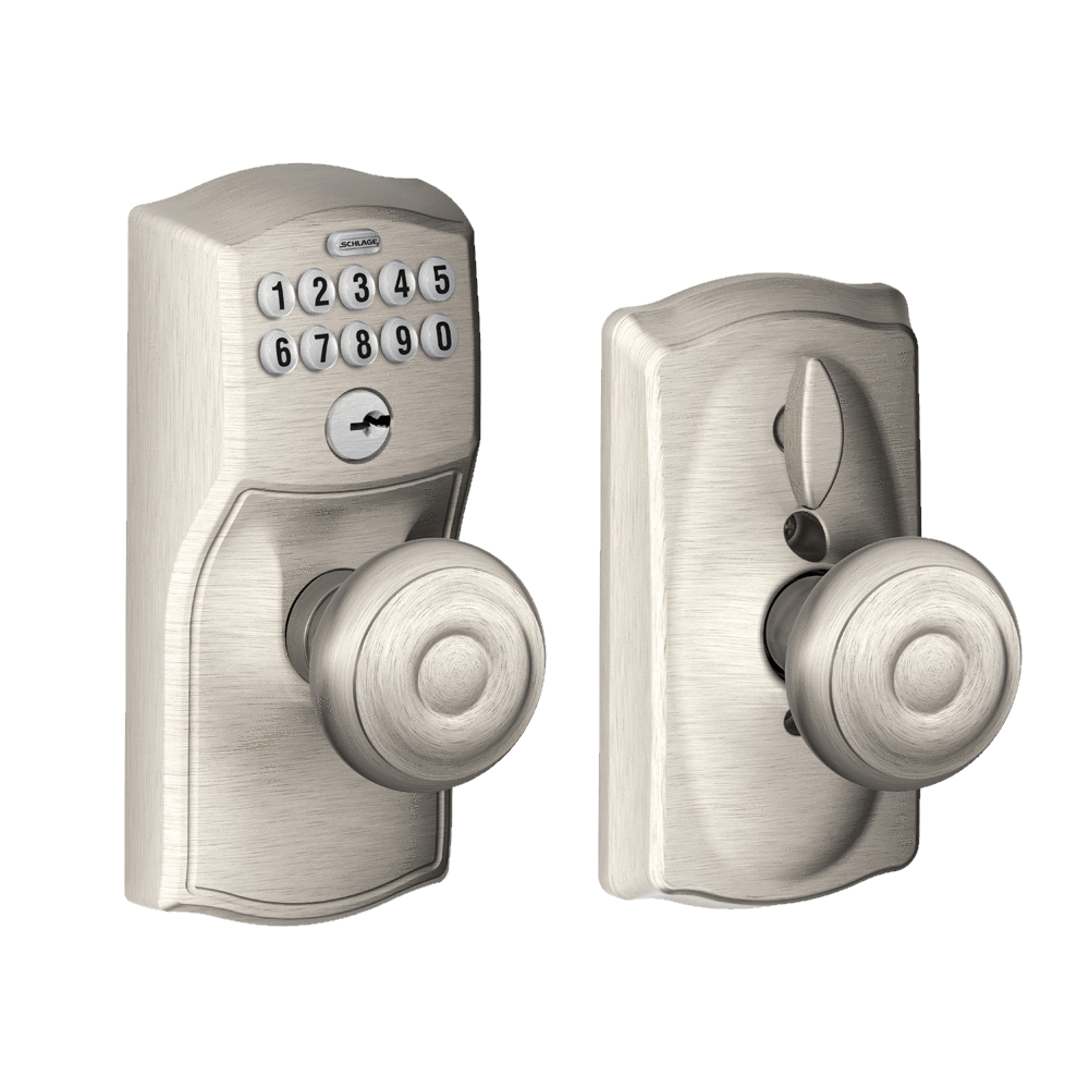 Schlage Residential Electronic Keypad Lockset With Flex Lock - Georgian Knob With Camelot Trim - Satin Nickel Finish - Sold Individually