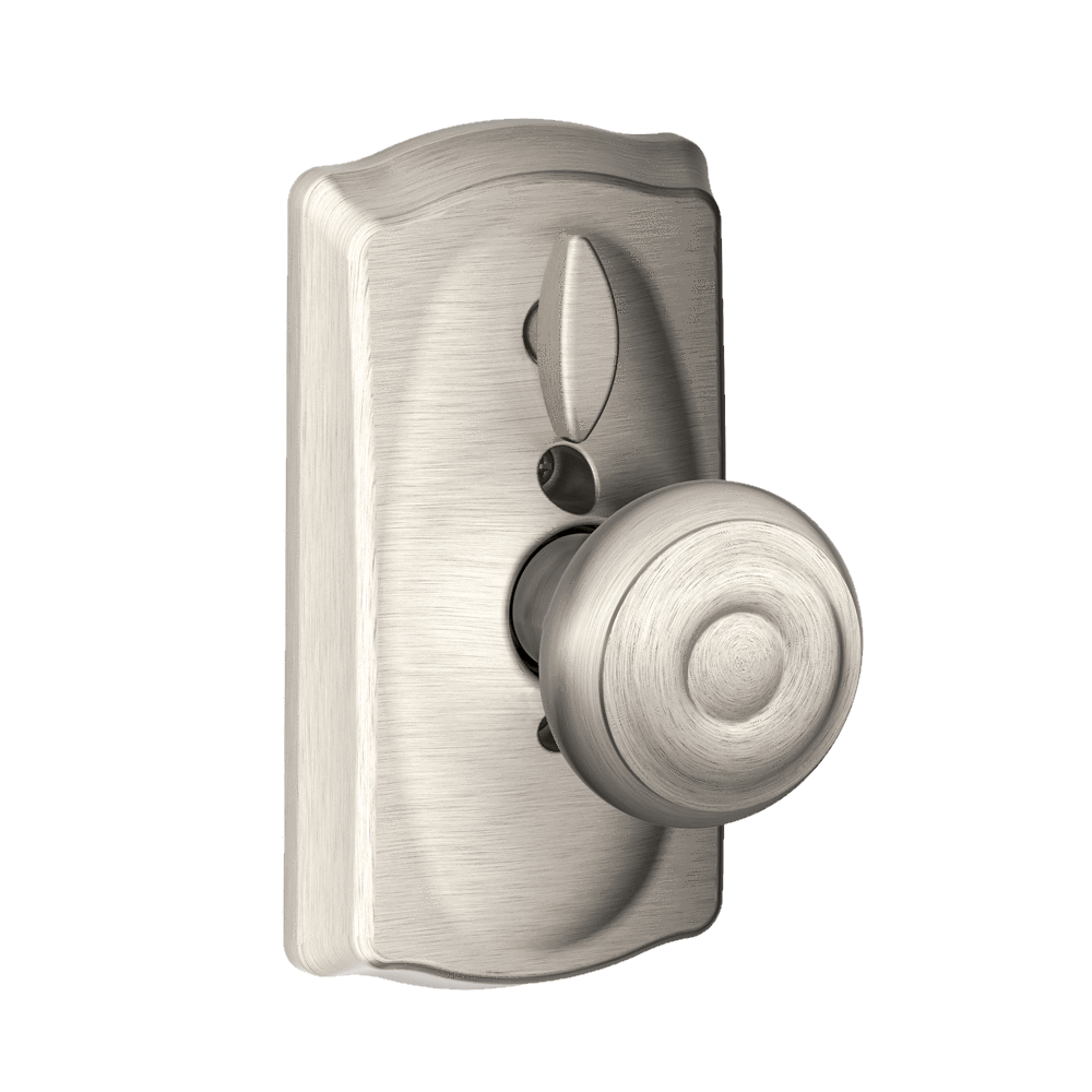 Satin nickel Schlage electronic keypad lockset with Georgian knob and Camelot trim for residential use.