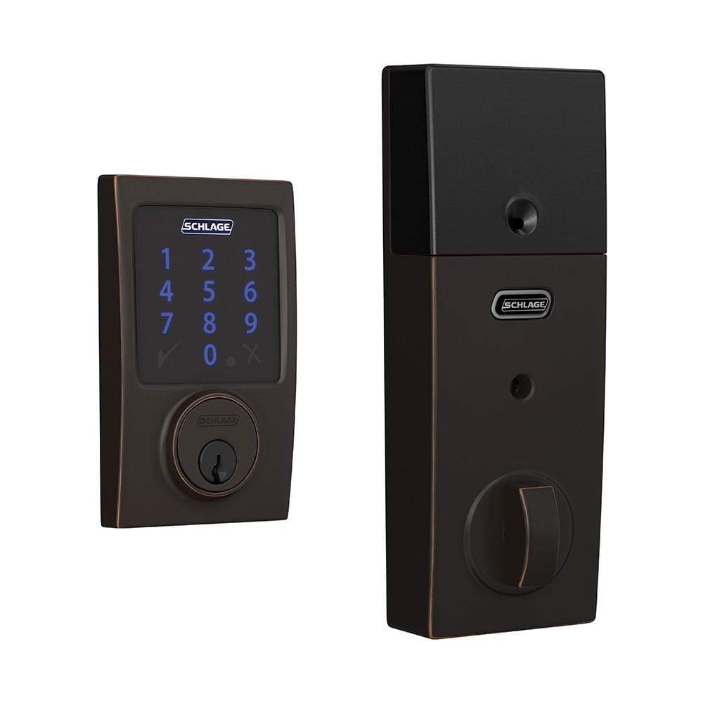 Schlage electronic touchscreen smart deadbolt lockset in aged bronze finish with Z-Wave technology for secure access.