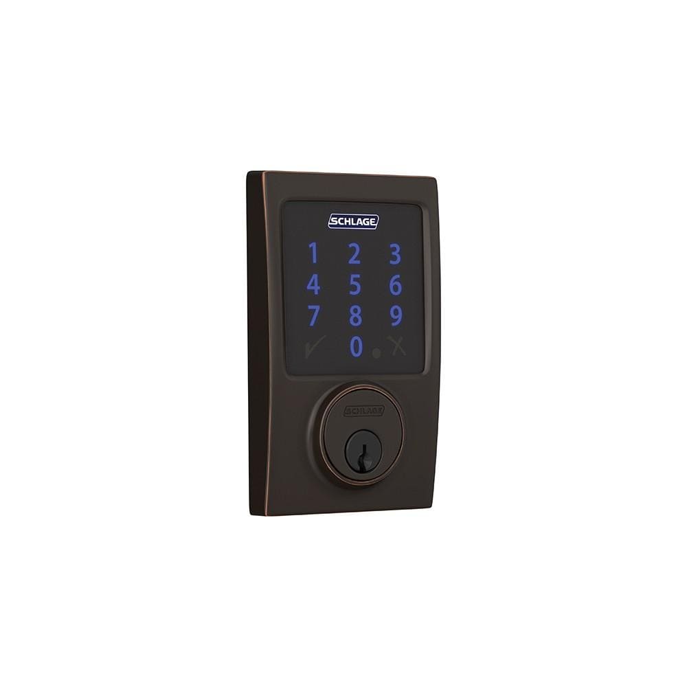 Schlage electronic touchscreen smart deadbolt lockset in aged bronze finish with Z-Wave technology for secure access.