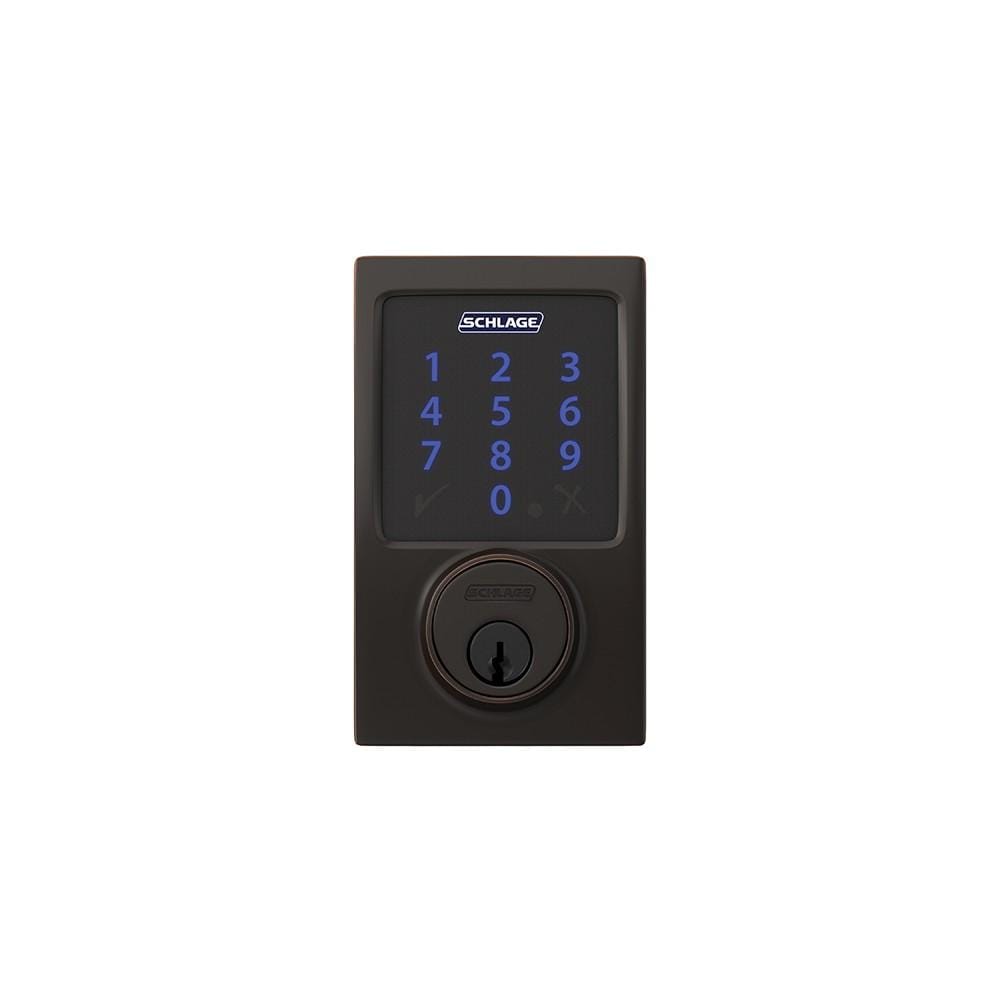 Schlage electronic touchscreen smart deadbolt lockset in aged bronze finish with Z-Wave technology for secure access.