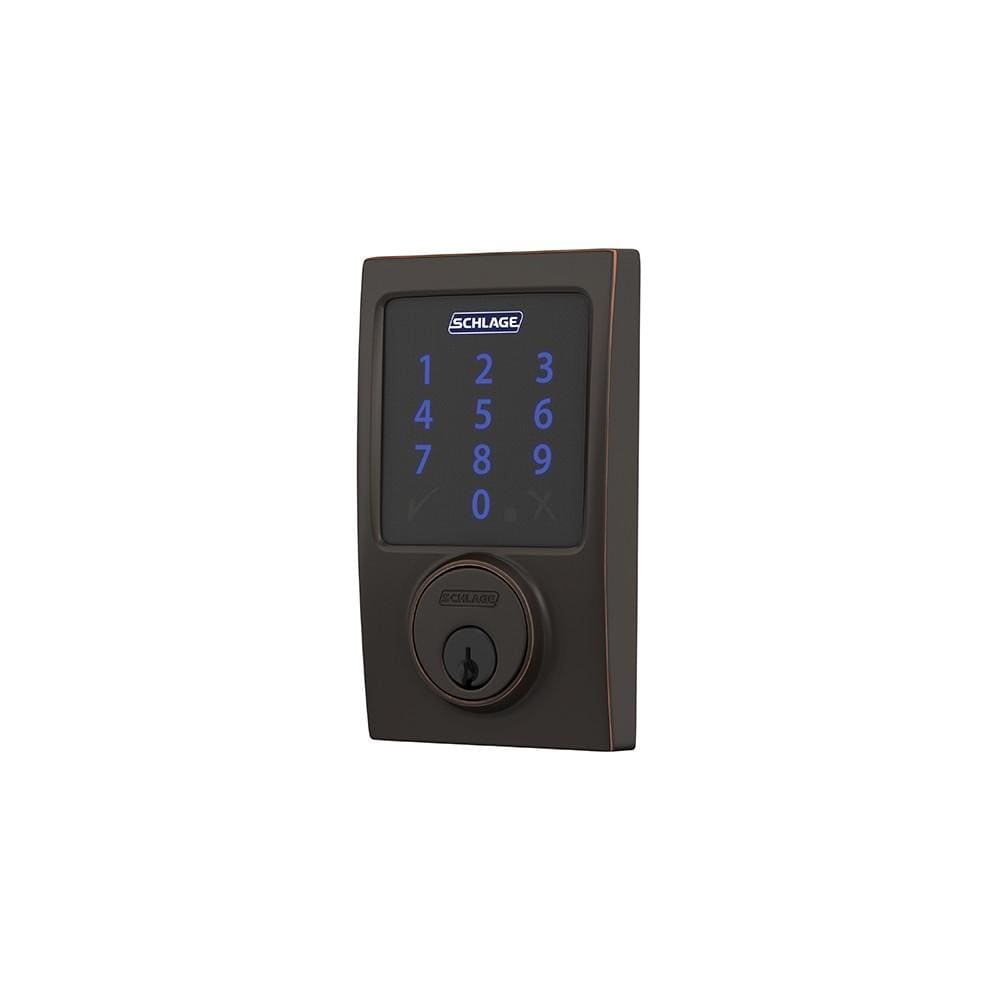 Schlage electronic touchscreen smart deadbolt lockset in aged bronze finish, featuring a Z-Wave compatible design.