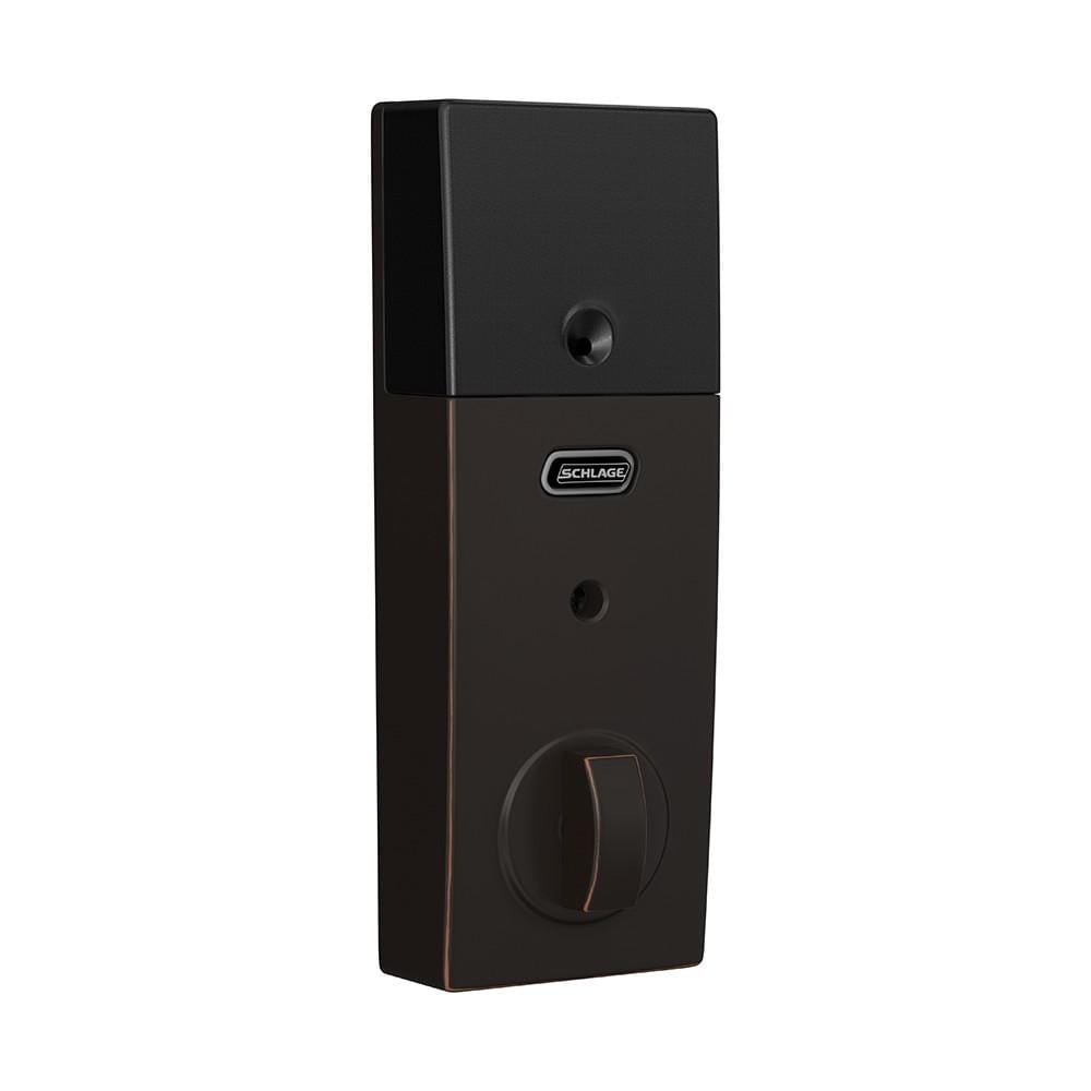 Schlage electronic touchscreen smart deadbolt lockset in aged bronze finish, featuring Z-Wave technology and Century style.