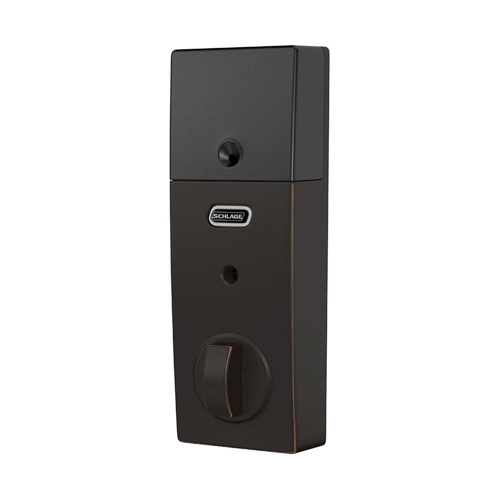Schlage electronic touchscreen smart deadbolt lockset in aged bronze finish, featuring Z-Wave technology for security.
