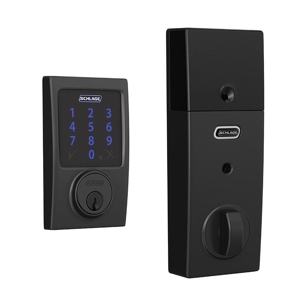 Schlage electronic touchscreen smart deadbolt lockset in matte black finish with Z-Wave technology for secure access.