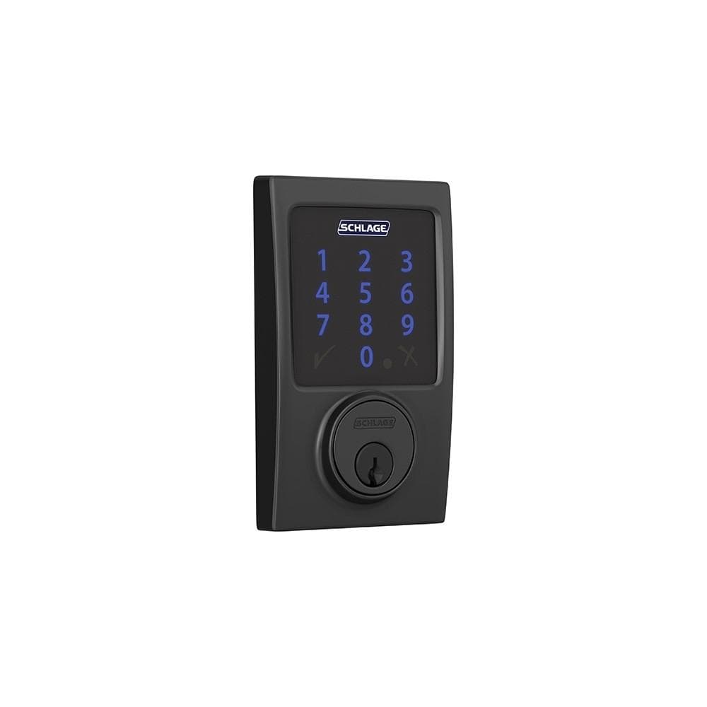 Schlage electronic touchscreen smart deadbolt lockset in matte black with Z-Wave technology for residential use.