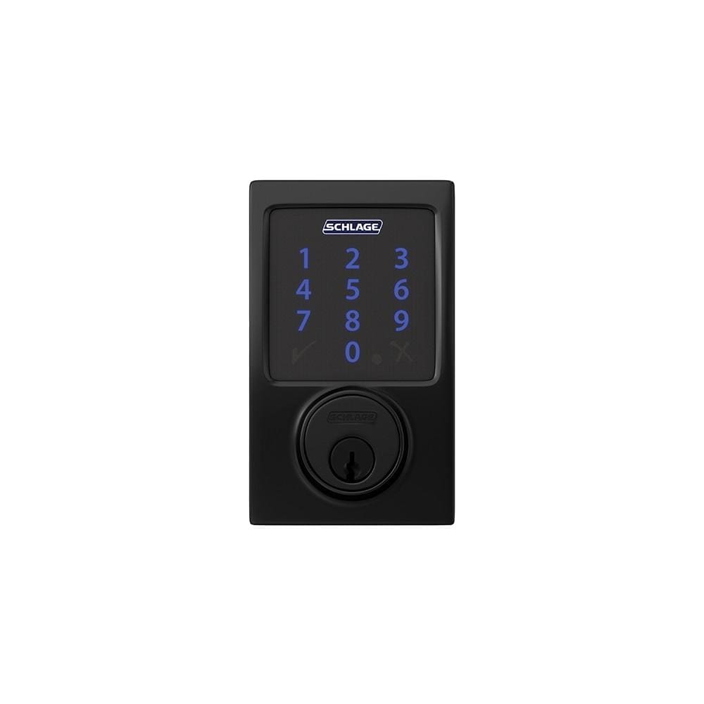 Schlage electronic touchscreen smart deadbolt lockset in matte black with Z-Wave technology and Century style design.