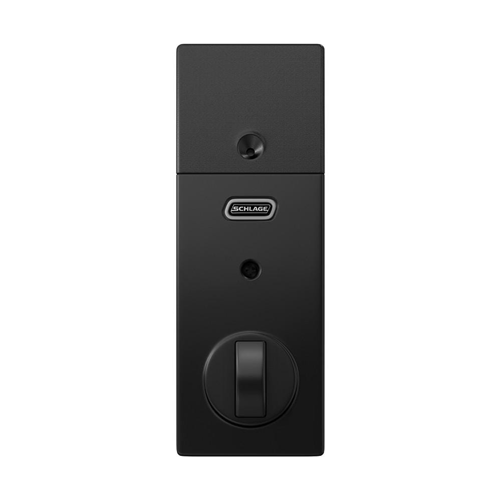 Schlage electronic touchscreen smart deadbolt lockset in matte black finish, featuring Z-Wave technology for security.