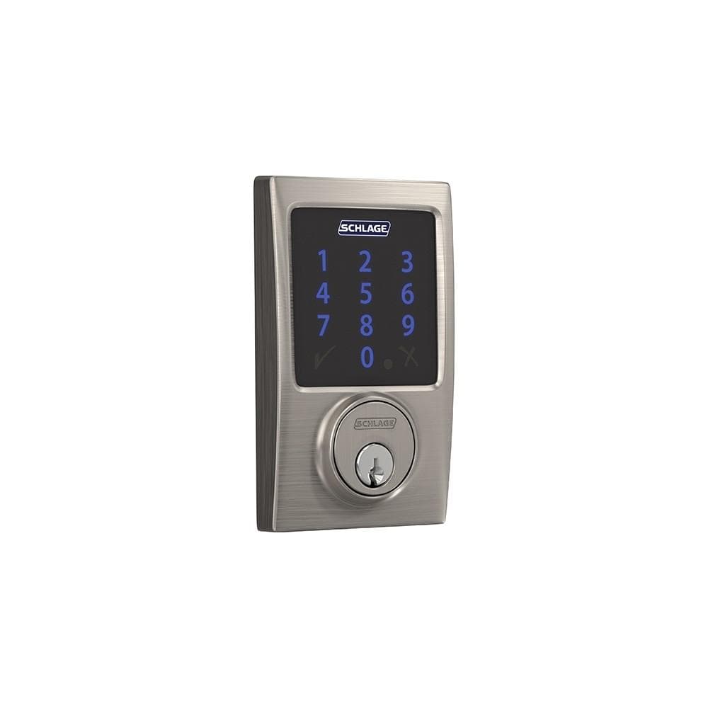 Satin nickel Schlage electronic touchscreen smart deadbolt lockset with Z-Wave technology and Century style design.