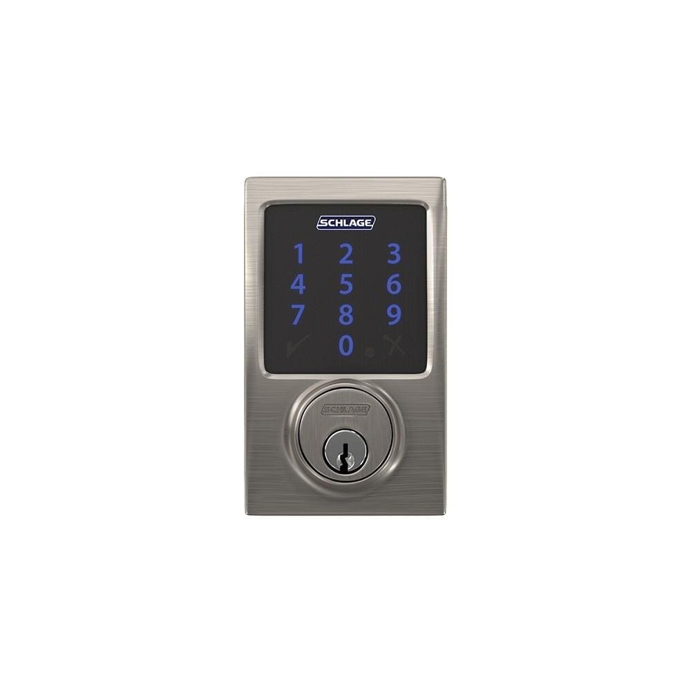 Satin nickel Schlage electronic touchscreen smart deadbolt lockset with Z-Wave technology and numeric keypad.