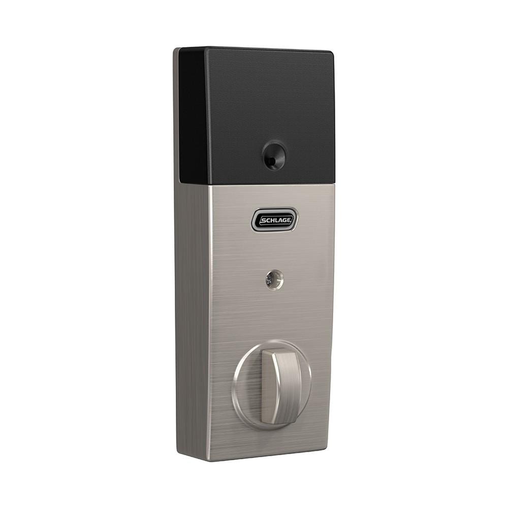 Satin nickel Schlage electronic touchscreen smart deadbolt lockset with Z-Wave technology in Century style.