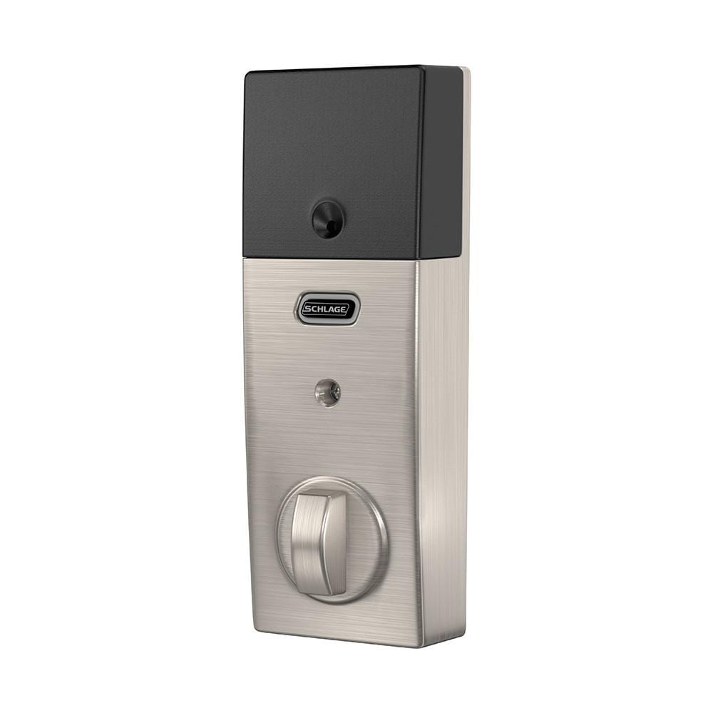 Satin nickel Schlage electronic touchscreen smart deadbolt lockset with Z-Wave technology in century style design.