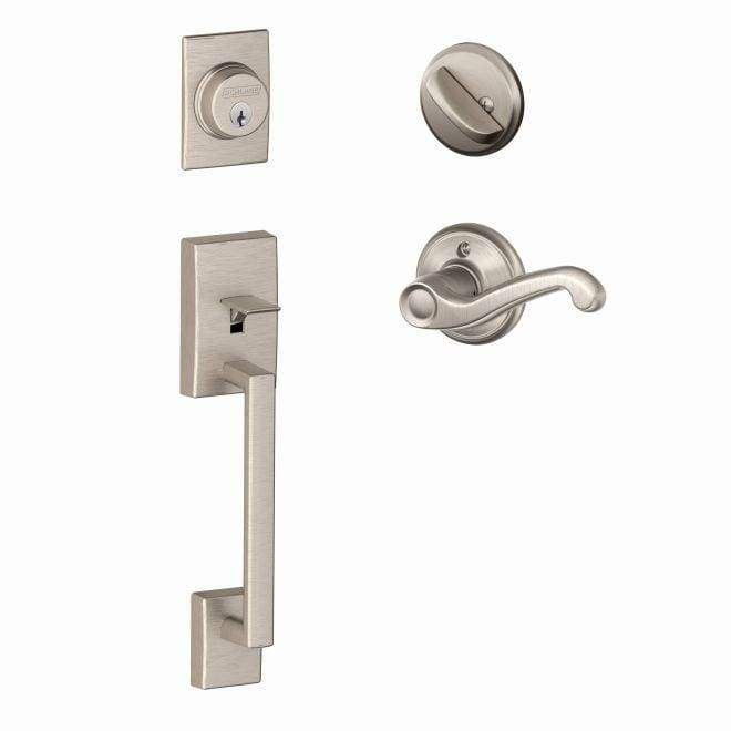 Satin nickel Schlage residential lockset with single cylinder handleset, featuring Century style exterior and Flair style interior.