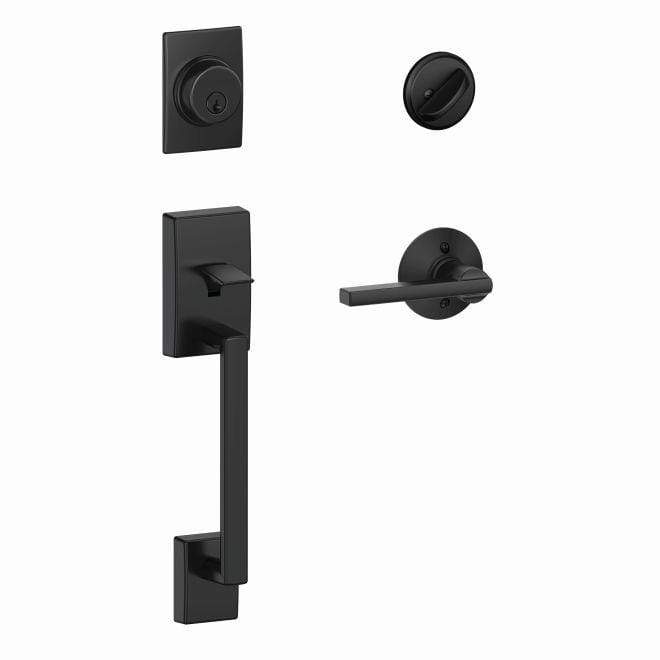 Schlage single cylinder handleset in matte black, featuring Century style exterior and Latitude style interior.