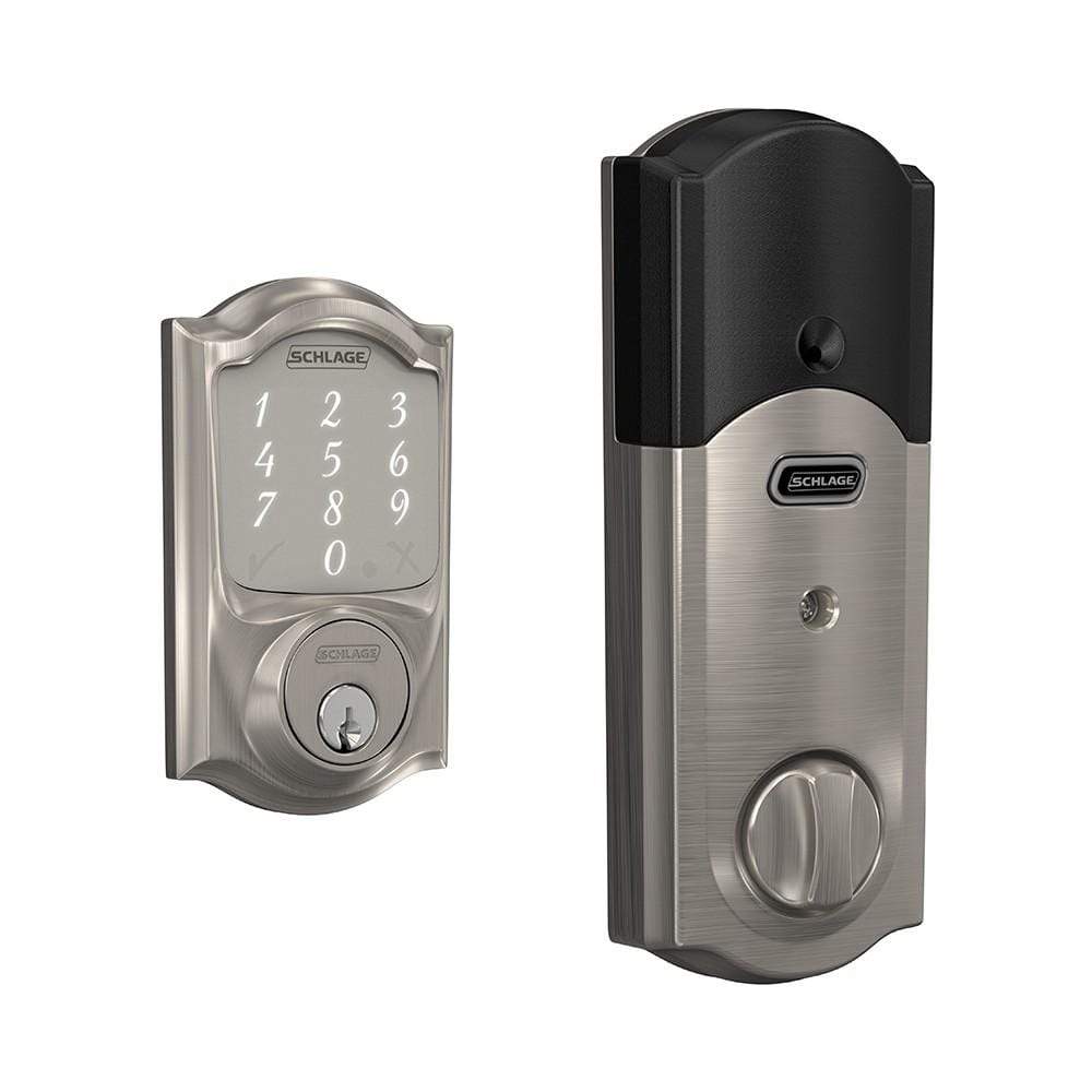 Satin nickel Schlage Camelot smart deadbolt lockset with touchpad and key entry for residential use.
