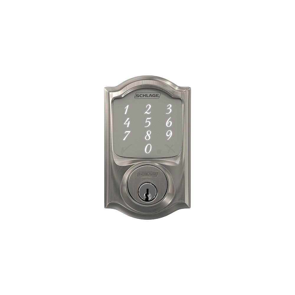 Schlage Camelot style smart touchpad deadbolt lockset in satin nickel finish with numeric keypad and keyhole.