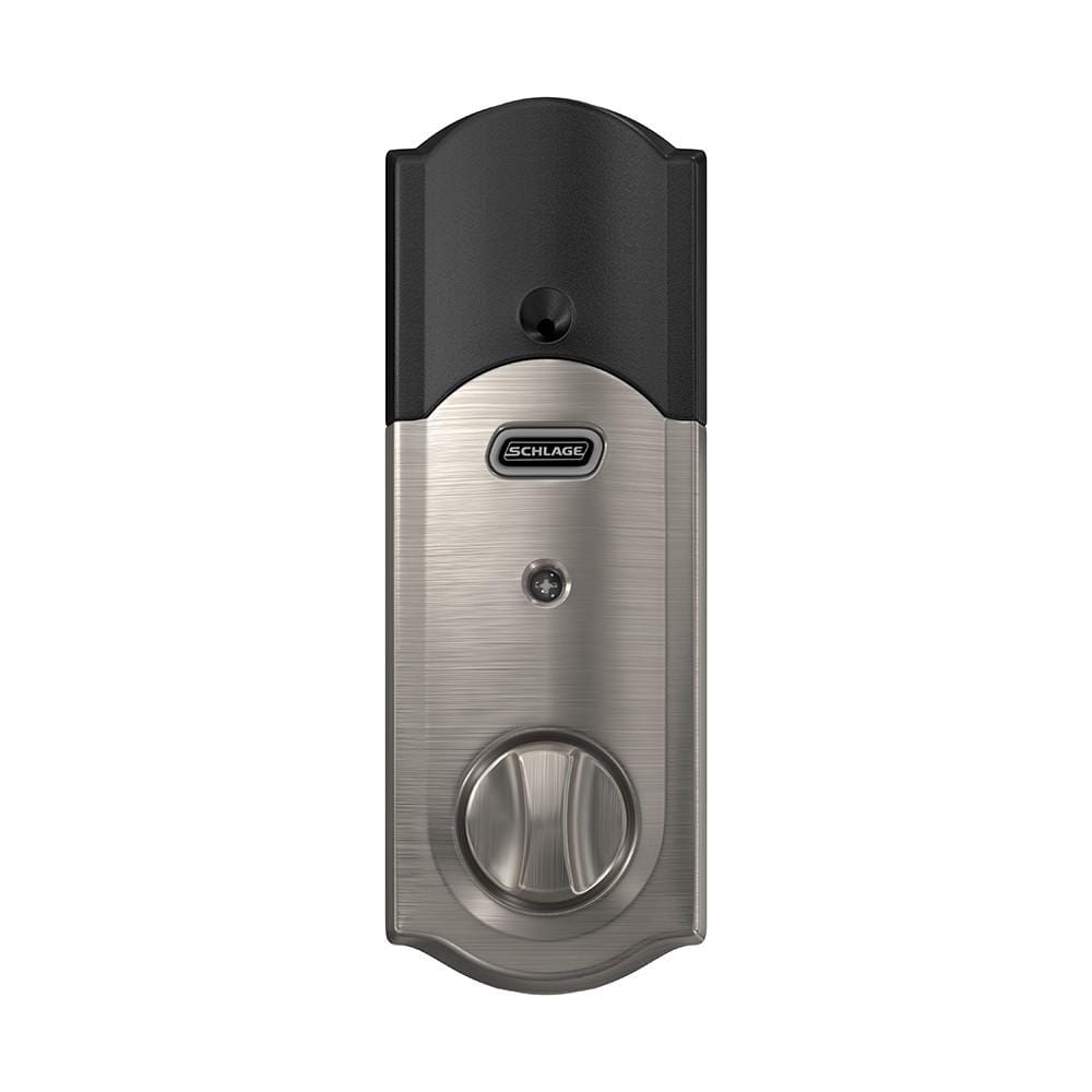 Schlage Residential Sense Smart Touchpad Deadbolt in Camelot style with satin nickel finish for secure home entry.