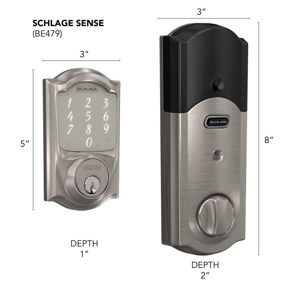 Satin nickel Schlage Sense smart deadbolt lockset with touchpad, Camelot style, dimensions 5x3x1 inches.