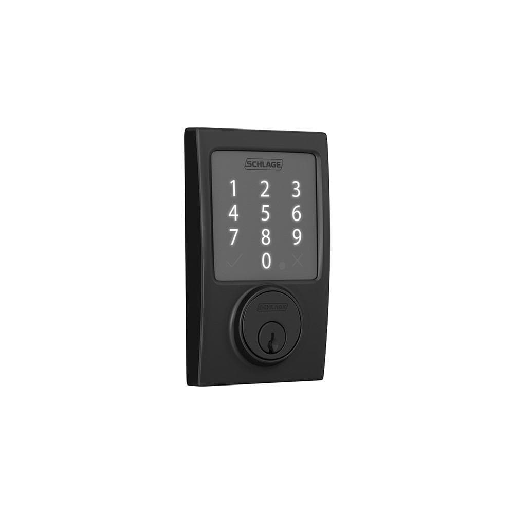 Schlage Residential Sense Smart Touchpad Deadbolt Lockset in matte black with a numeric keypad for secure entry.