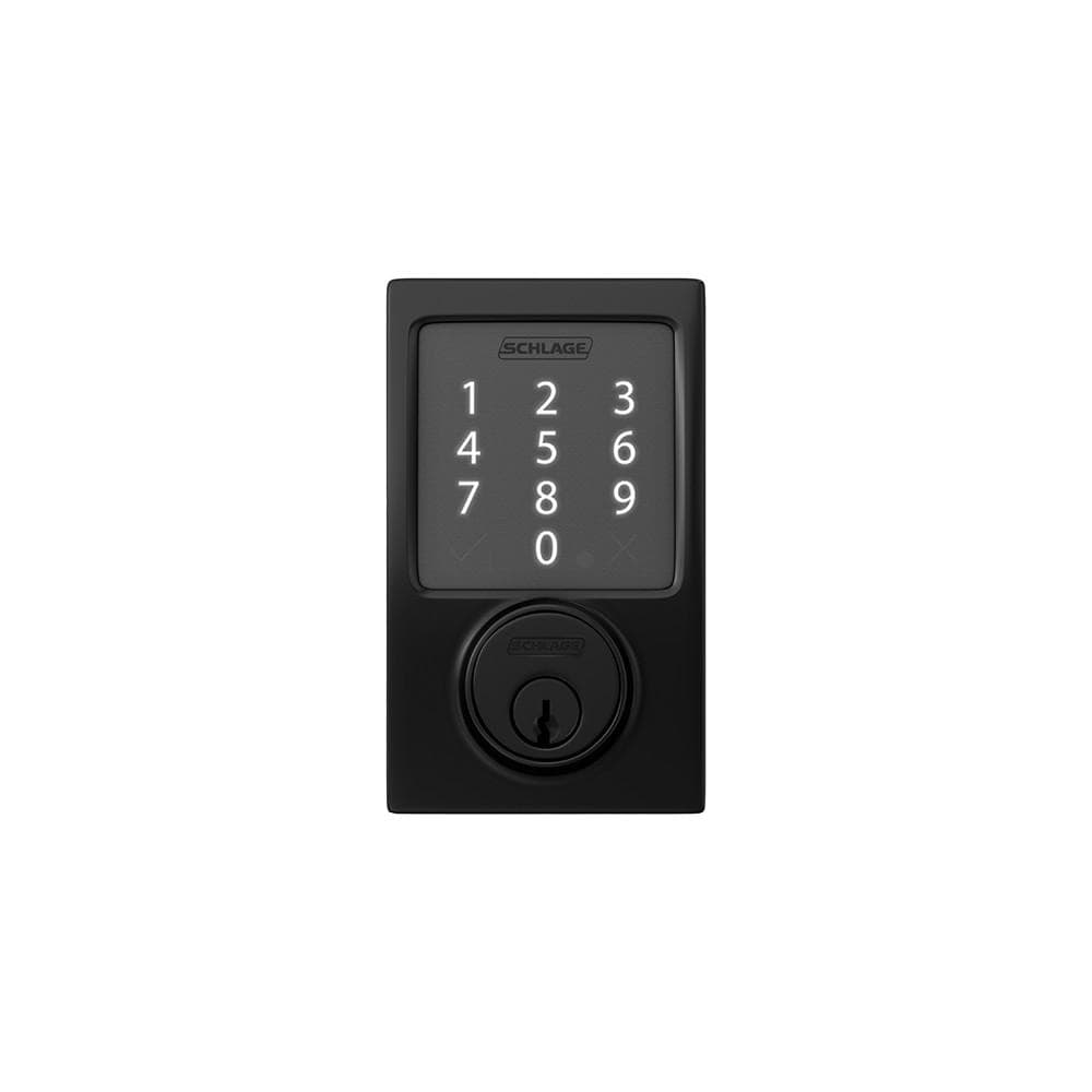 Schlage Residential Sense Smart Touchpad Deadbolt Lockset in matte black with numeric keypad and keyhole.