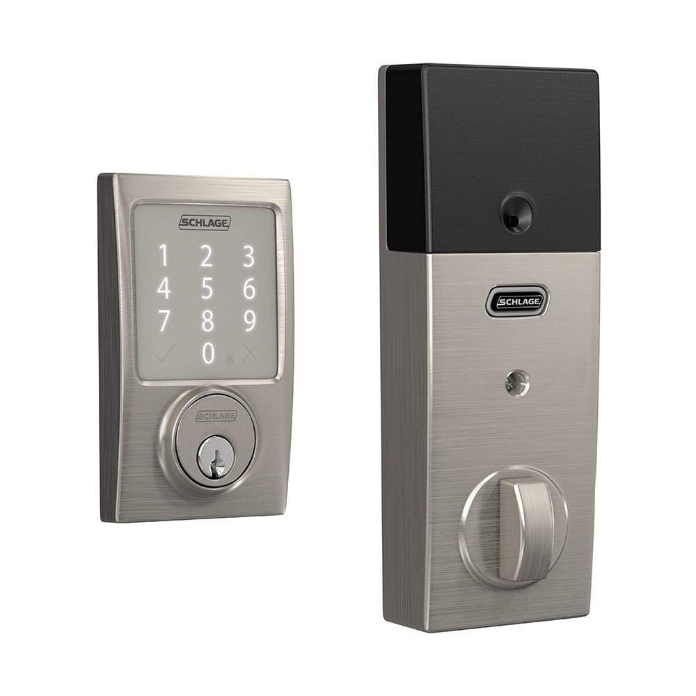 Satin nickel Schlage smart touchpad deadbolt lockset with Century style, featuring a keypad and key cylinder.