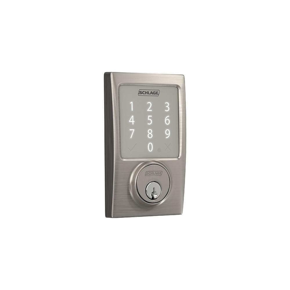 Satin nickel Schlage smart deadbolt lockset with touchpad and Century style design for residential use.