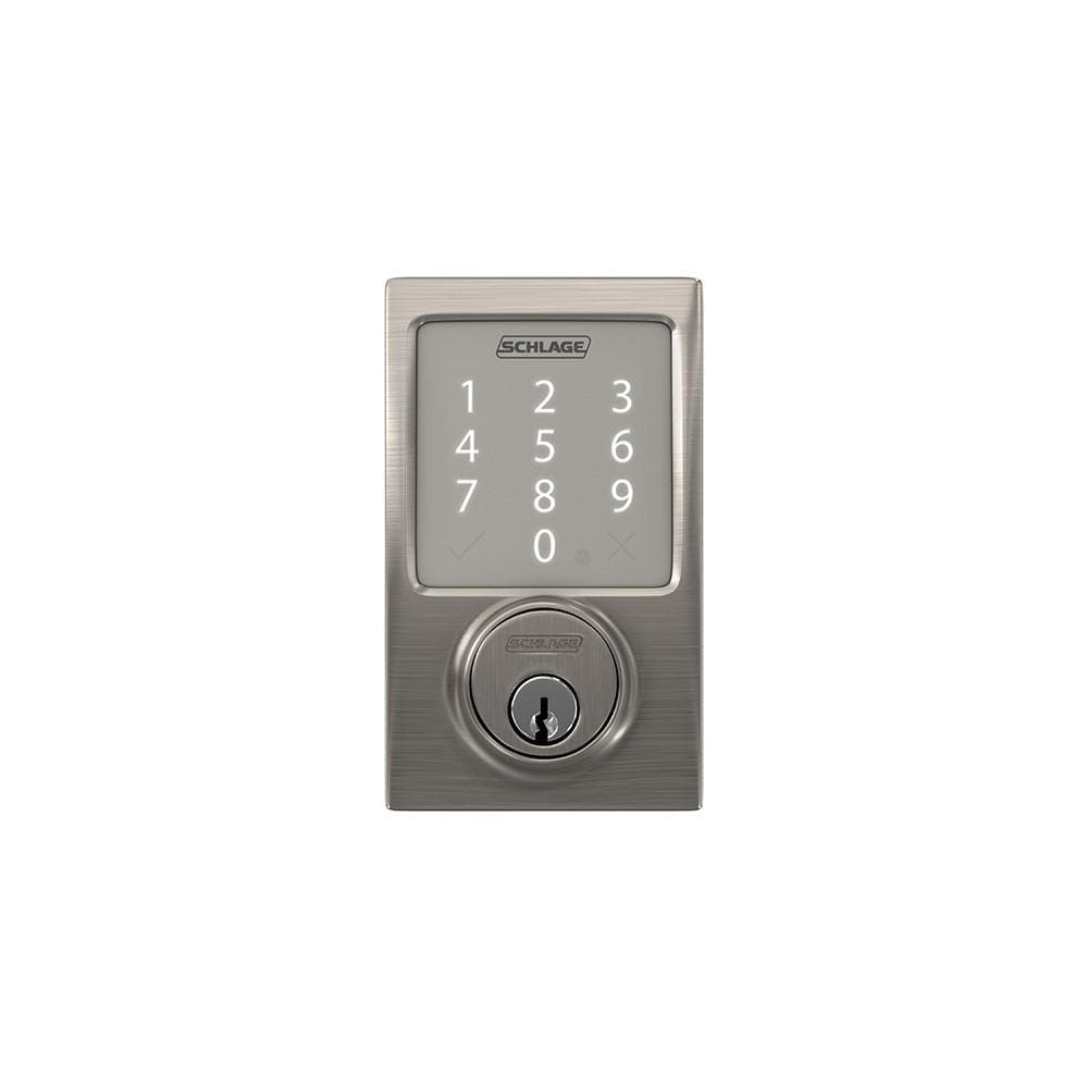 Satin nickel Schlage Residential Sense smart deadbolt lockset with touchpad and key entry, featuring a modern design.