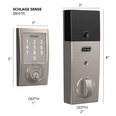 Schlage Residential Sense Smart Touchpad Deadbolt Lockset - Century Style - Satin Nickel Finish - Sold Individually