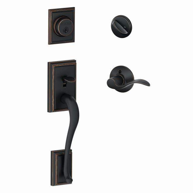 Schlage single cylinder handleset in Addison style with aged bronze finish, includes exterior and interior components.